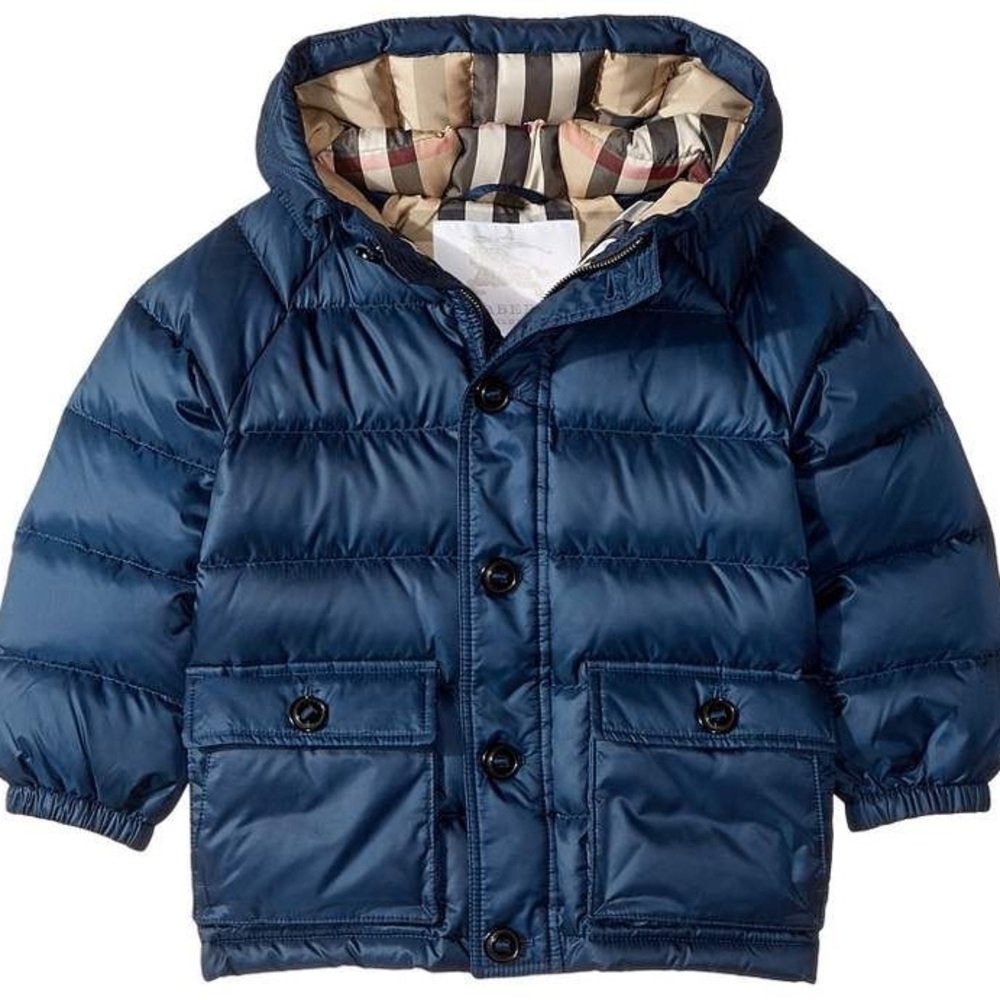 LIKE NEW Burberry Mini Lachlan Hooded Down Puffer Jacket, size 18M in Ink Blue